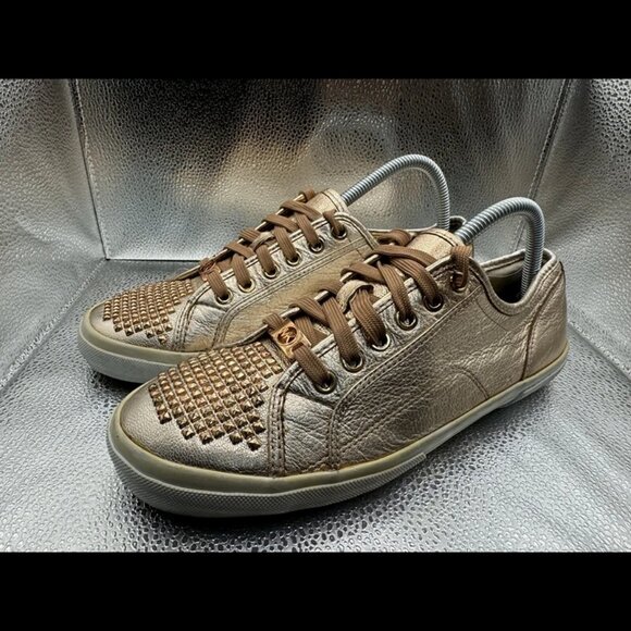 RARE 🚀 MICHAEL KORS ROSE GOLD STUDDED SHINY SNEAKERS Size 9 - Picture 5 of 11